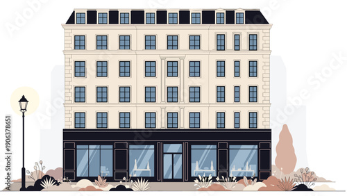 Elegant multi-story residential apartment building with classic architectural details and a luxury storefront on the ground floor level.