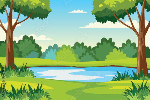 A vibrant landscape depicts lush green trees surrounding a serene pond scene