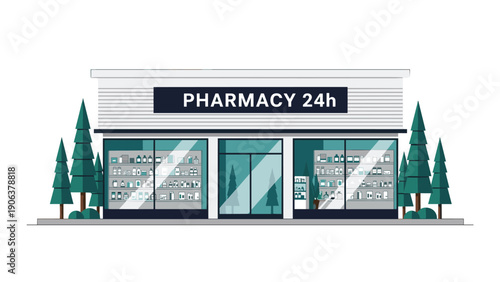 Modern twenty-four hour pharmacy storefront featuring expansive glass windows displaying organized shelves of medical supplies and health products.