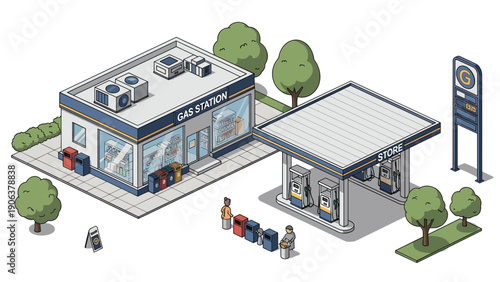 Isometric gas station and convenience store facility with fuel pumps and customers waiting for service in a modern urban landscape.