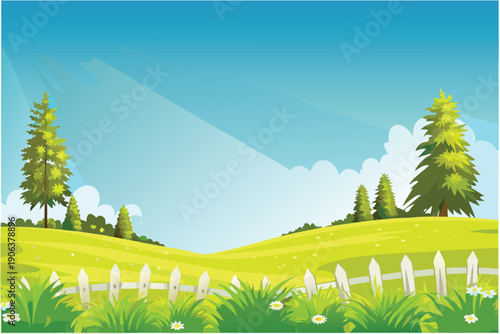 A vibrant landscape features rolling green hills trees a picket fence and