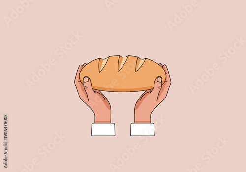 Two hands elegantly holding a fresh loaf of baked bread against a soft neutral background for culinary themes