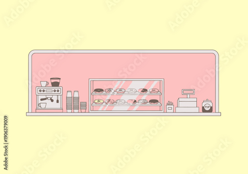 Modern Coffee Shop Interior Design With Pastries Displayed In A Showcase And Espresso Machine Ready For Service