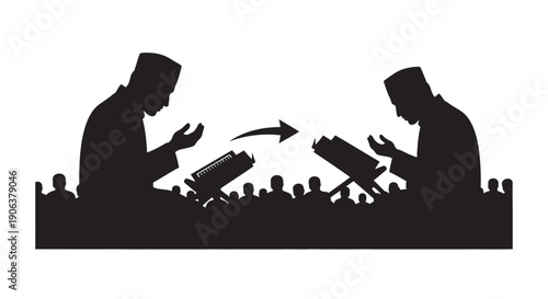 Silhouette of two people exchanging laptops in a crowd with modern minimalist style