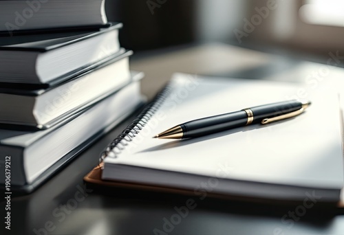 Stacked books next to pen and paper, ready for work at a desk indoors