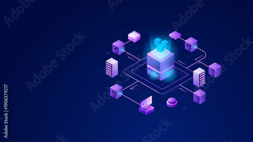 Isometric blockchain technology concept with decentralized digital network