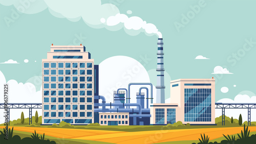 Industrial manufacturing complex featuring a tall smokestack and a multi-story office building situated in a vast agricultural landscape.