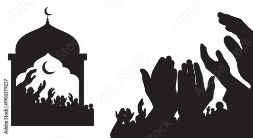 Muslim crowd praying under mosque dome silhouette with crescent moon