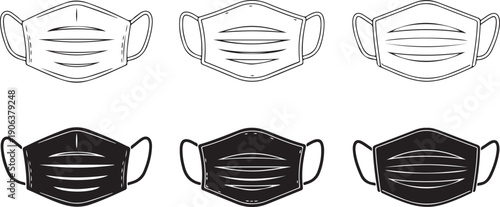 Black and white face mask illustrations in various styles