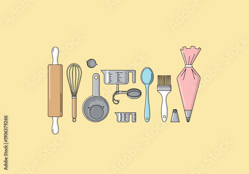 Collection of Baking And Decorating Tools Implements For Pastry Making And Food Preparation Against Pale Yellow Background