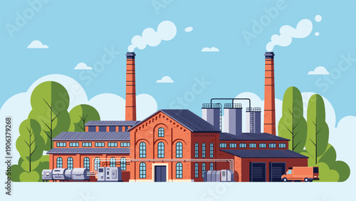 Classic industrial brick factory building with two tall chimneys emitting smoke and a delivery truck parked near the main manufacturing area.