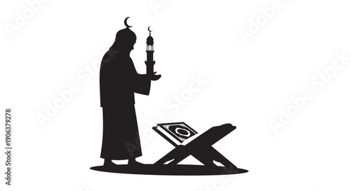 Orthodox Jewish man reading Torah scroll on bimah with yad in a silhouette style