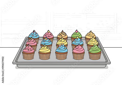 Confectionery treats with colorful frosting arranged neatly on a metallic baking sheet ready for celebration or party enjoyment