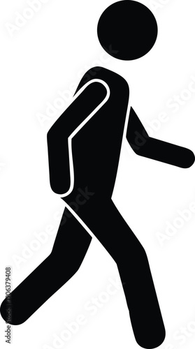 A simple black silhouette depicts a person actively walking forward high quality professional
