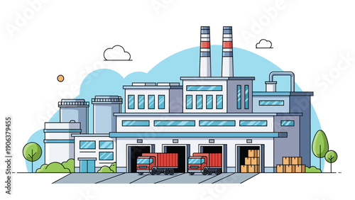 Massive industrial factory featuring several loading docks and cargo trucks being loaded with products for global distribution and trade.