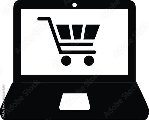A black and white icon depicts online shopping displayed on a laptop