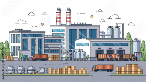 Extensive industrial manufacturing and logistics complex featuring multiple warehouse buildings and a fleet of delivery trucks for shipping.