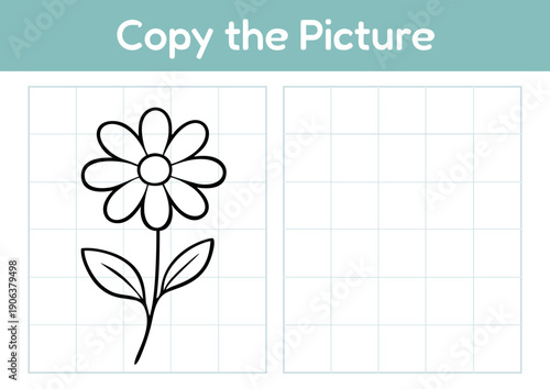 Black and white flower illustration for copy activity on grid paper  