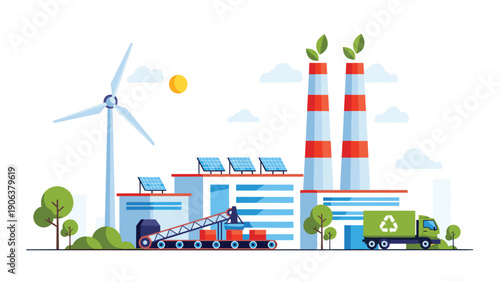 Eco-friendly recycling facility featuring a large conveyor belt for sorting materials and a green delivery truck with a recycling symbol.