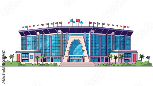 Massive modern sports stadium building featuring glass facades and numerous flags flying on the rooftop surrounded by tropical palm trees.
