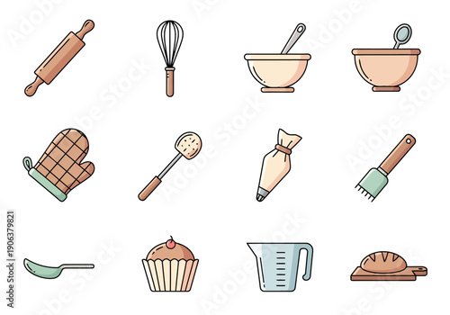 Collection of Baking Supplies Icons Showing Kitchen Utensils for Cooking And Pastry Making Isolated On White Background A Flat Design Style