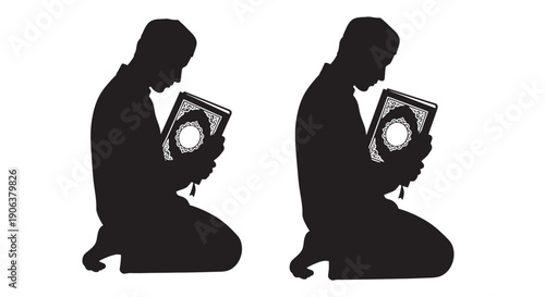 Silhouette of people reading books in contemplative pose on white background