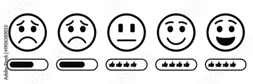 Emoji feedback rating scale with thumbs up icons under each sad to happy face, vector illustration