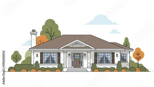 Contemporary single-story residential home with a flat roof and large windows nestled in a peaceful suburban neighborhood with autumn trees.
