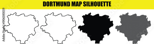 Dortmund map silhouette vector collection featuring white outline solid black and halftone dot patterns on transparent grid