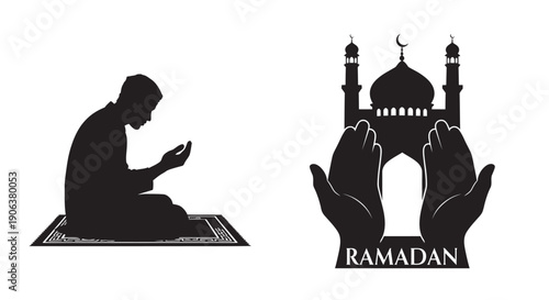 Ramadan silhouette with praying man and mosque illustration on white background
