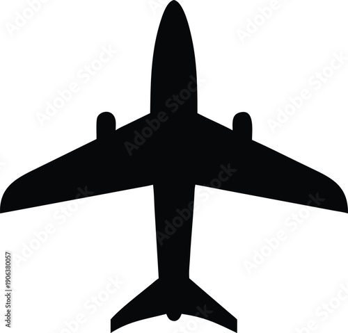 A simple black silhouette depicts an airplane viewed directly from above high quality