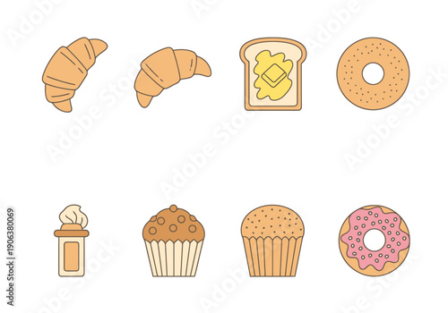 Collection of Baked Goods and Breakfast Pastries Featuring Croissants Toasted Bread Muffins and Doughnuts arranged in a grid pattern simple flat