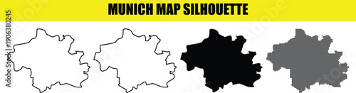 Munich map silhouette set, germany, collection of vector maps, black and white color, outline and dot map