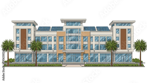 Sustainable multi-story commercial building featuring rooftop solar panels and large glass windows surrounded by tropical palm trees.