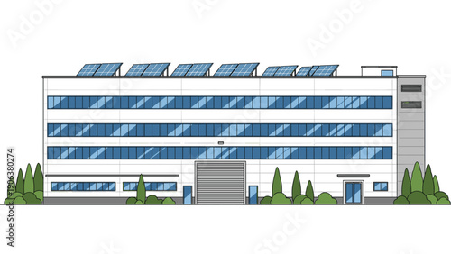 Massive contemporary warehouse or factory building featuring long rows of windows and a rooftop covered with solar panels for energy.