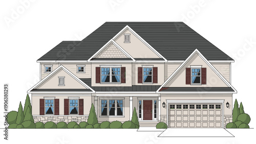 Large suburban family home features multiple gables with grey roof shingles and elegant stone facade accents in a peaceful neighborhood.