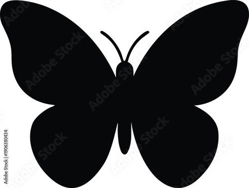 A simple black silhouette of a butterfly with open wings is shown