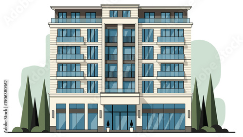 Contemporary high-rise hotel building displays sleek glass balconies and tall slender trees at the entrance against a soft green background.