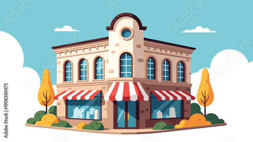 Charming corner store illustration features classic architecture with red and white striped awnings and yellow autumn trees on a sunny day.