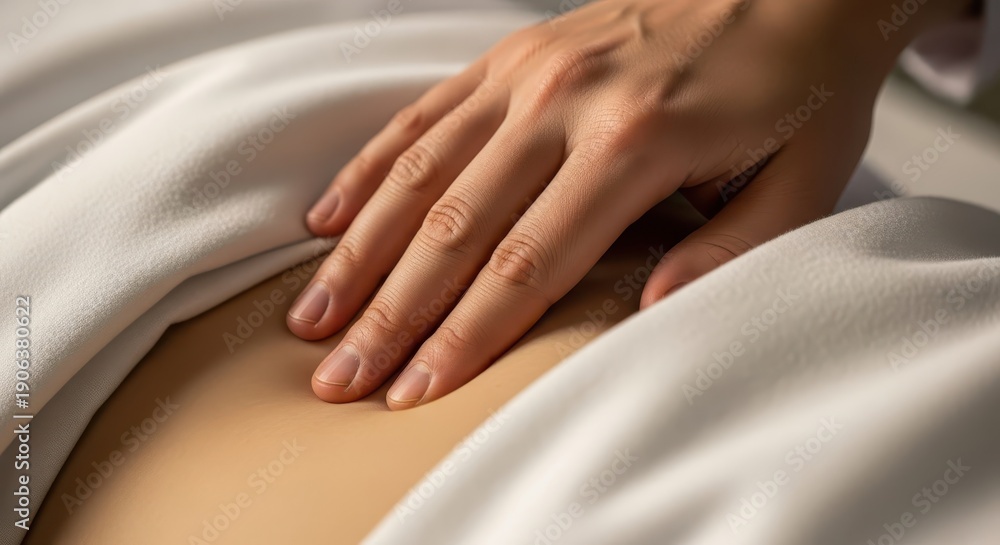 Fototapeta premium Practitioner applies gentle pressure to the abdomen area covered by soft white cloth