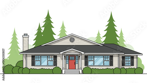 Traditional single-story ranch house features a low gabled roof with a bright red front door nestled among tall evergreen pine trees.