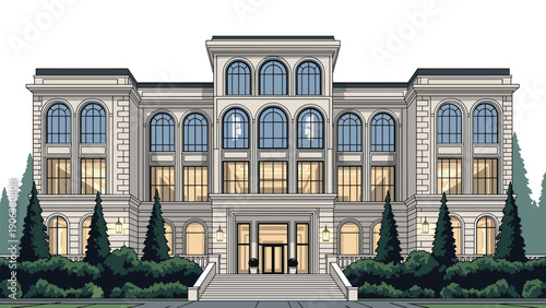 Grand classical building features numerous arched windows and a symmetrical facade with elegant steps leading to the main entrance area.