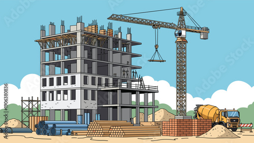 Busy urban construction site showcases a multi-story building in progress with a tall crane and a cement mixer truck on the dusty ground.