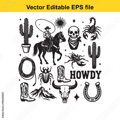  western themed vector elements collection isolated on white background