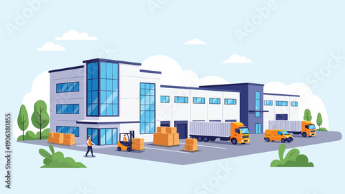 Large modern logistics center features loading docks with delivery trucks and a forklift operator moving boxes in the spacious parking area.