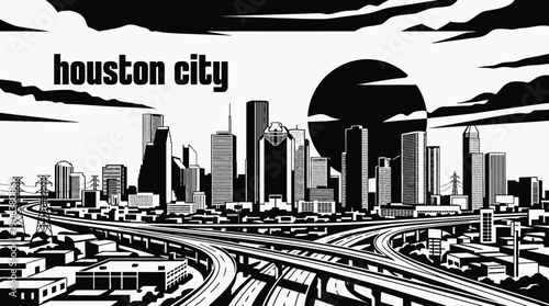 houston city skyline urban architecture downtown landmark travel tourism america usa landscape metropolitan business culture modern famous district with texas energy towers highway sunset