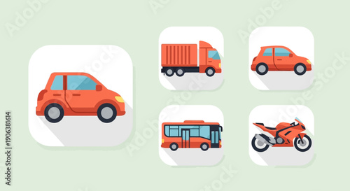 Collection of orange vehicles including car, truck, bus, and motorcycle illustrations on a light green background viewed from the front