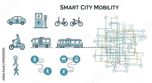 Illustration of smart city mobility solutions featuring various transportation modes and connectivity networks