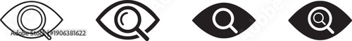 Eye search icon with magnifying glass symbol for view, visibility, inspection and discovery.