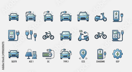 Collection of electric vehicle charging icons in various styles and formats displayed on a clean background